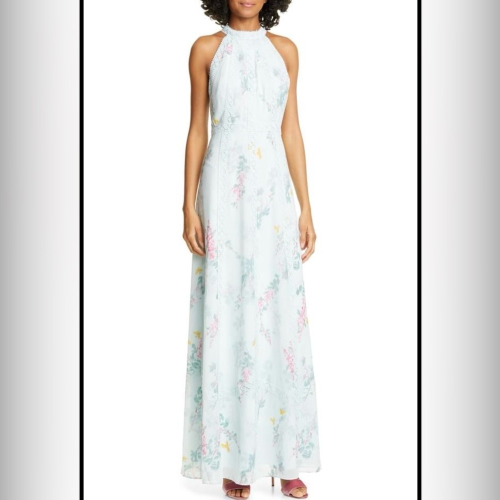 Ted Baker Pale Blue Floral Halter Maxi Dress